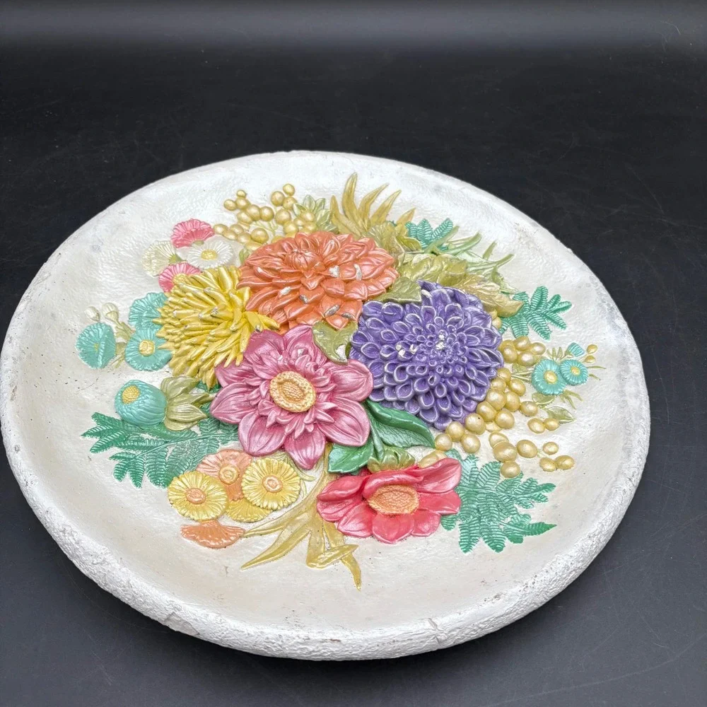 Vtg 3D Chalkware Floral Wall Plaque Dahlias Botanical Decor Cottagecore